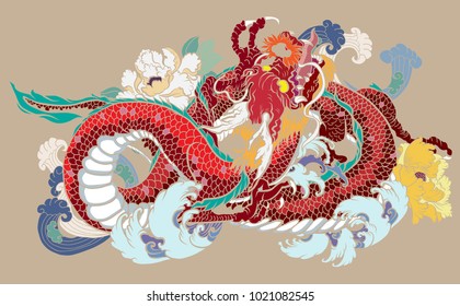 Colorful Dragon and plum flower tattoo.Hand drawn Japanese old dragon with peony and wave background,Design for Asian tattoo.