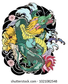 Colorful Dragon and plum flower tattoo.Hand drawn Japanese old dragon with peony and wave background,Design for Asian tattoo.