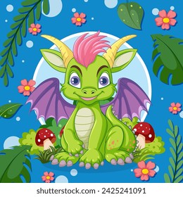 Colorful dragon sitting among flowers and mushrooms