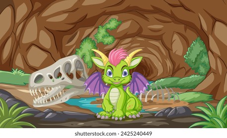 Colorful dragon sitting inside a rocky cave