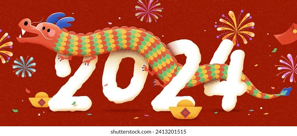 Colorful dragon tangling around 2024 on red background with CNY festive decors.