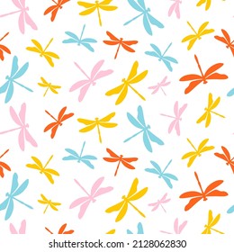 Colorful dragonflies seamless pattern with white background.