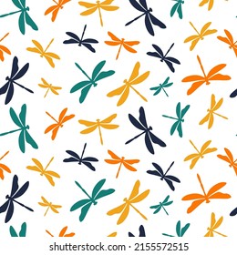 Colorful dragonflies seamless pattern with white background.