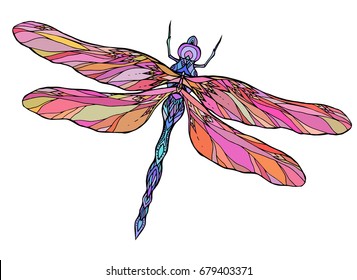 Colorful dragonfly illustration with boho pattern. Vector element for sketching tattoos, printing on T-shirts, postcards and your creativity