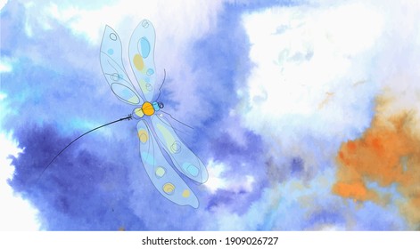 Colorful dragonfly on a trendy inkscape sky. Bue, violets and orange colors. Fantasy background.