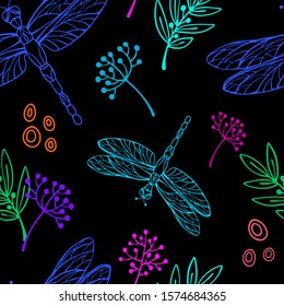Colorful dragonfly seamless pattern on black. Hand drawn sketch style. Line art. Vector illustration.