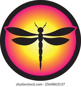 Colorful dragonfly silhouette in a circle, vector dragonfly logo