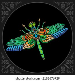 Colorful dragonfly zentangle arts isolated on black background