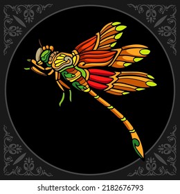 Colorful dragonfly zentangle arts isolated on black background