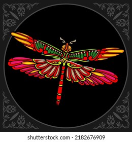 Colorful dragonfly zentangle arts isolated on black background