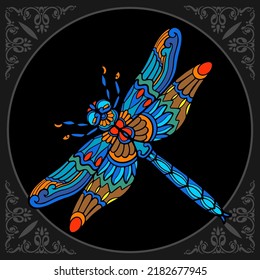 Colorful dragonfly zentangle arts isolated on black background