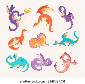 Colorful dragons on white background cartoon illustration set. Cute magical creature flying, sitting, fighting, walking, releasing fire, hatching eggs, expecting baby. Fantasy, reptile concept