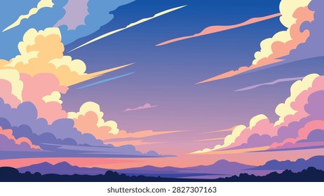 Colorful Dramatic Sunset Sky Flat Vector Landscape With Fluffy Clouds