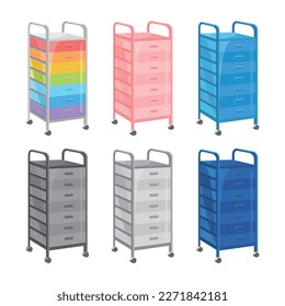 Colorful drawer trolley vector illustration on white background. Drawer trolley is great for craft supplies, toys, bathrooms, kitchens, papers, office items. Useful and convenient drawer trolley.