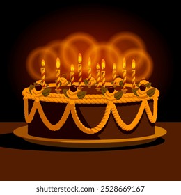 Colorful drawing in brown colors of a birthday cake with lighted candles on a round plate in cartoon style. Vector illustration