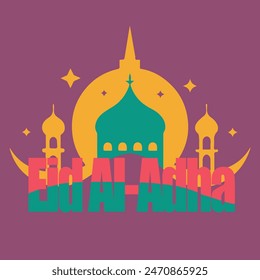 A colorful drawing of a building with a crescent moon and stars in the background. The words Eid Al-Adha are written below the drawing