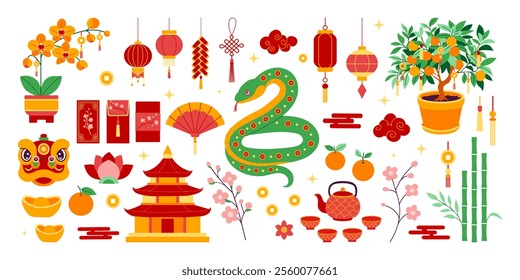 A colorful drawing of Chinese symbols and decorations. There are many different symbols, including a snake, a dragon, and a lot of flowers