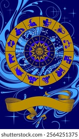 Colorful drawing of circle with zodiac signs, constellations, sun, ribbon banner and abstract swirl background.  Vector illustration