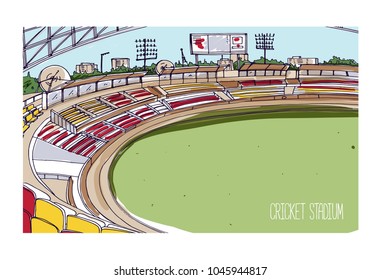 Colorful drawing of cricket stadium with rows of seats, electronic scoreboard and green grassy field. Sports arena for traditional British team bat-and-ball game. Hand drawn vector illustration.