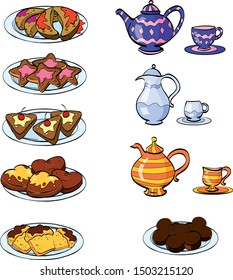 Colorful drawing of different cookies on a plate and tea in a jug.