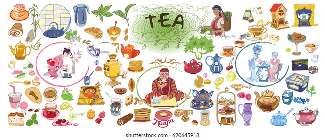 Colorful drawing doodle tea elements collection with berries plants ingredients sweet products and utensil isolated vector illustration