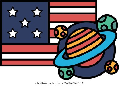 A colorful drawing of a flag with stars and a planet in the background. The flag is red, white, and blue, and the planet is surrounded by a blue and yellow circle
