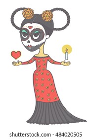 Colorful drawing of girl in halloween or day of the death style with sugar skull makeup.