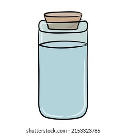 A colorful drawing of a glass vial with a liquid inside outlined in black. The jar is closed with a cork stopper. Vector.