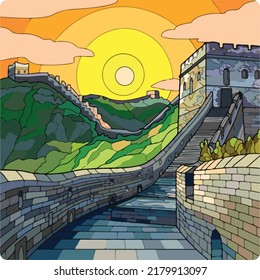 Colorful drawing of the great wall of china created using illustrator.