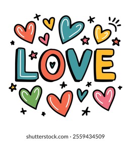 A colorful drawing of hearts and stars with the word LOVE written in big letters, valentines vector illustration