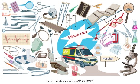 Colorful drawing medicine elements set with medical surgical dental laboratory tools and equipment isolated vector illustration