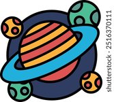 A colorful drawing of a planet with a blue ring around it. The planet is surrounded by four other planets, each with a different color. The drawing has a whimsical and playful mood
