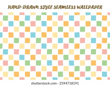 Colorful drawing seamless banner design with checked motif. Hand drawn retro geometric squares seamless pattern. Colorful square dots particles, geometric mosaic background. Abstract halftone texture.