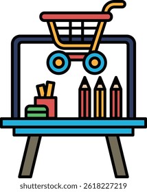 A colorful drawing of a shopping cart with a basket on top and a pencil case on the table