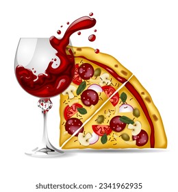 Colorful drawing sliced pieces of pizza and glass with splashing red wine isolated on white. Vector illustration