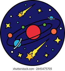 A colorful drawing of the solar system