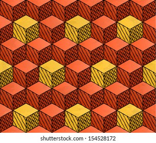 Colorful drawing styled cubes puzzle seamless pattern