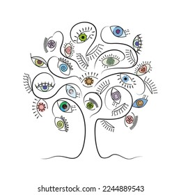 Farbige Zeichnung von Baum mit Augen. Psychedelisches Bild im Doodle-Stil. Gut für Cover, Bücher, Website-Design
