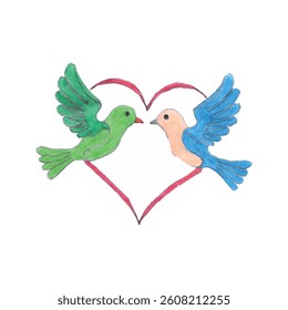 Colorful Drawing of Two Birds and a Heart Symbolizing Love    