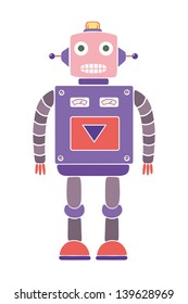 Colorful drawing of a vintage toy robot. Bright tones. Isolated object. Vector illustration.