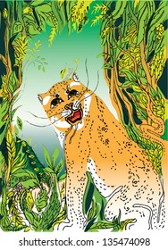 colorful drawing of wild cat in jungle