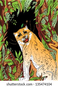 colorful drawing of wild cat in jungle
