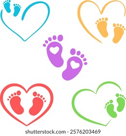 Colorful drawings of five different human feet with a heart. 