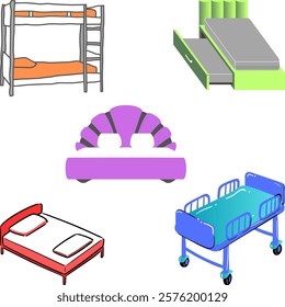 Colorful drawings of five different types of bed for sleep.