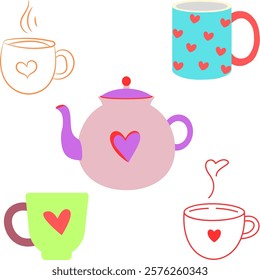 Colorful drawings of five hot drinks with a heart design.