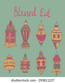 Colorful drawings of lantrn. Hand drawn images of islamic festival artifacts for holiday design. Doodles of different ornaments