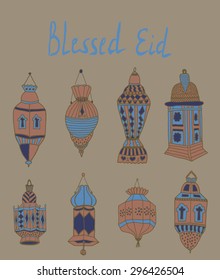 Colorful drawings of lantrn. Hand drawn images of islamic festival artifacts for holiday design. Doodles of different ornaments