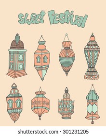 Colorful drawings of lantrn. Hand drawn images of islamic festival artifacts for holiday design. Doodles of different ornaments