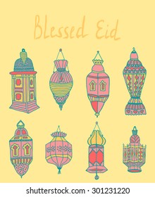 Colorful drawings of lantrn. Hand drawn images of islamic festival artifacts for holiday design. Doodles of different ornaments