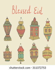 Colorful drawings of lantrn. Hand drawn images of islamic festival artifacts for holiday design. Doodles of different ornaments